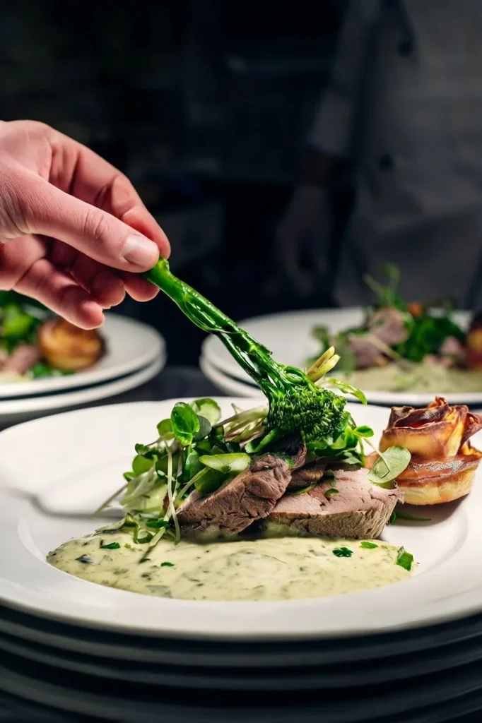 Dressage à la main : viande, sauce verte et pousses de brocoli