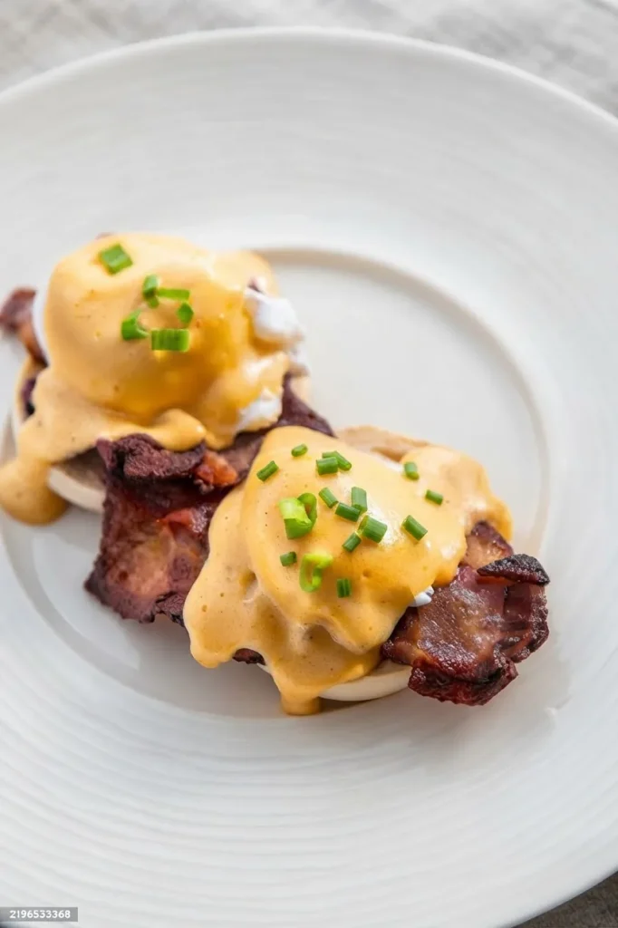 Œufs bénédicte sur bacon croustillant, brunch préparé à domicile
