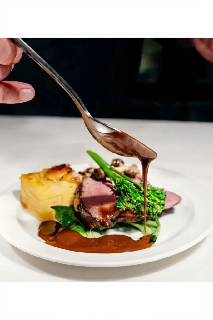 Le chef nappe de sauce une pièce de viande, gratin et brocolis