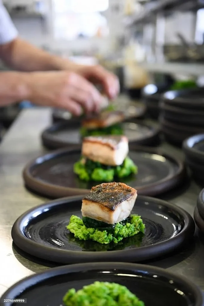 Dressage en série : poisson rôti sur purée de brocolis