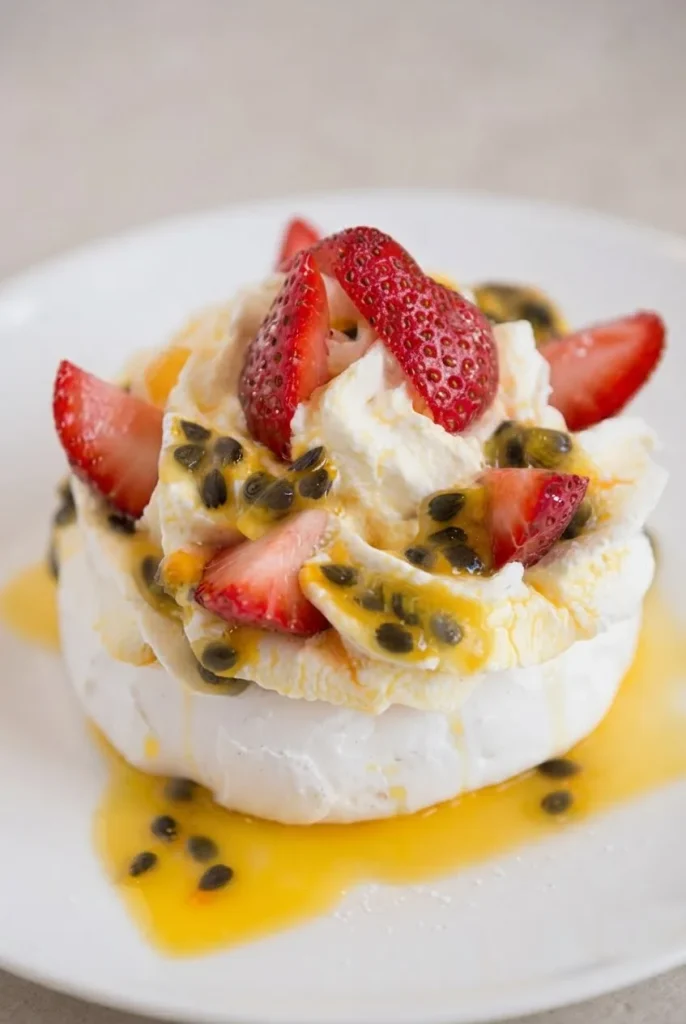 Pavlova aux fraises et fruit de la passion