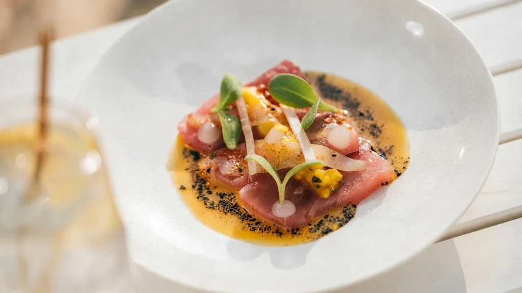 Tartare de poisson, sauce safranée et jeunes pousses