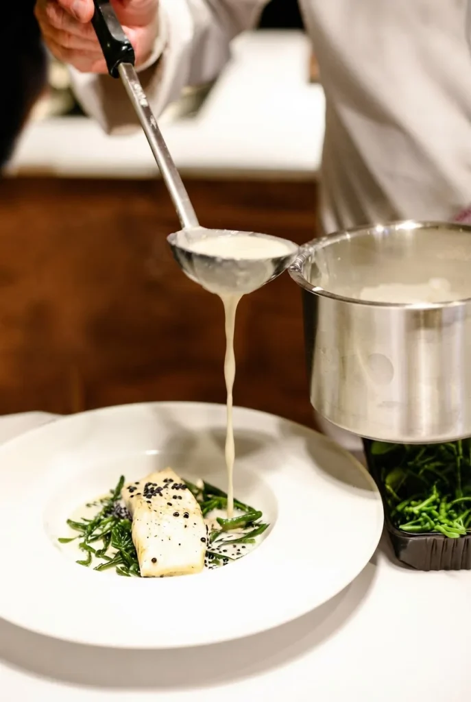 Le chef nappe de sauce une assiette de poisson