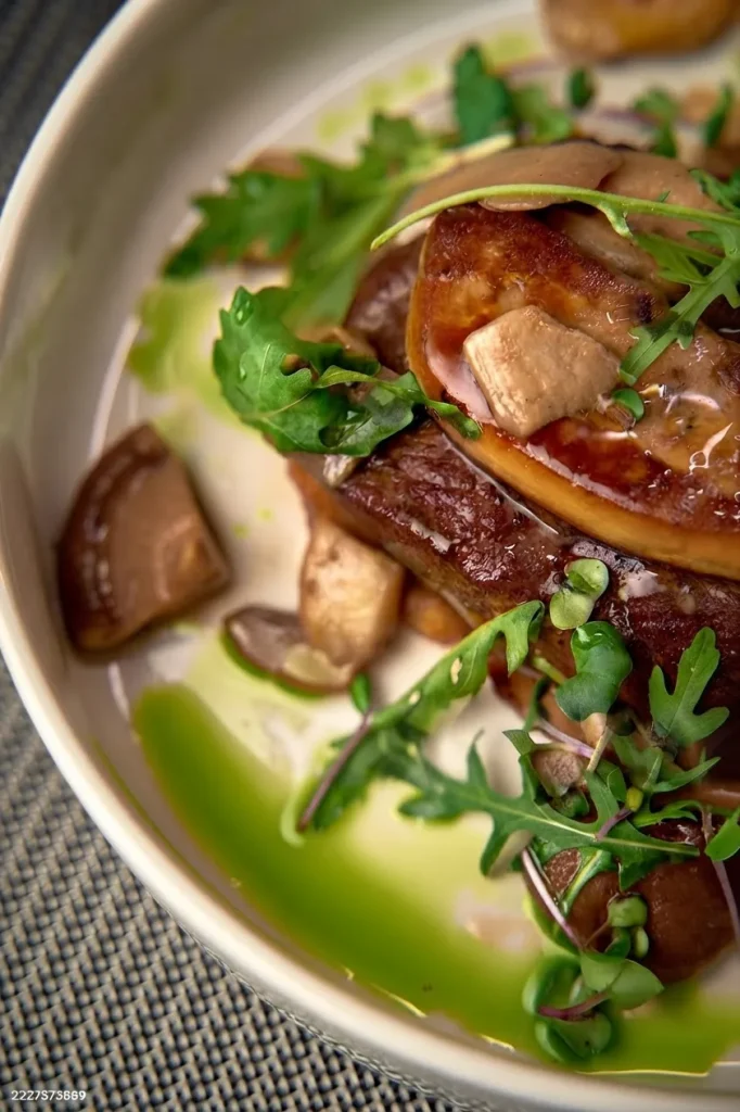 Pièce de viande, champignons et roquette sur un jus vert