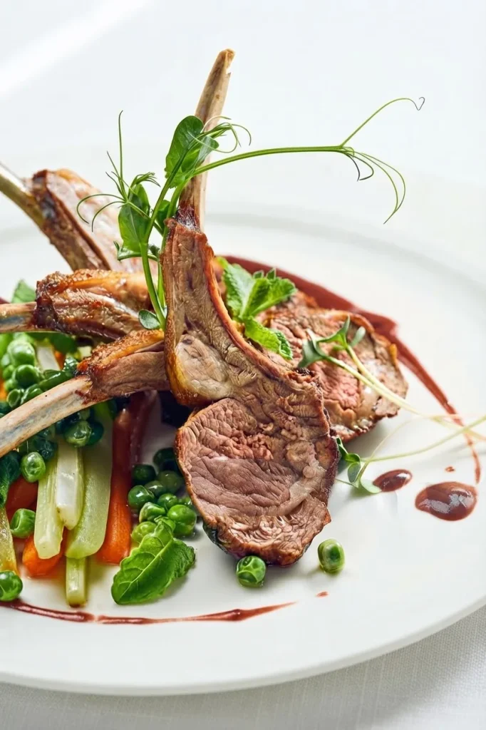 Carré d'agneau rôti, légumes printaniers et jus, servi à l'assiette