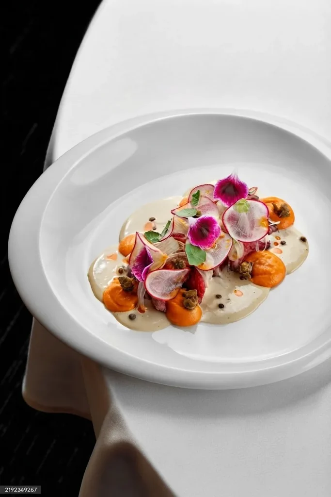 Assiette gastronomique colorée : radis, fleurs comestibles et purée de carottes
